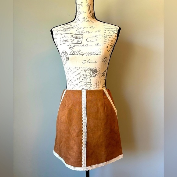 RIHOAS Dresses & Skirts - RIHOAS Tan Faux Suede Lace Trim Mini Skirt Western Nashville Style XS NWT